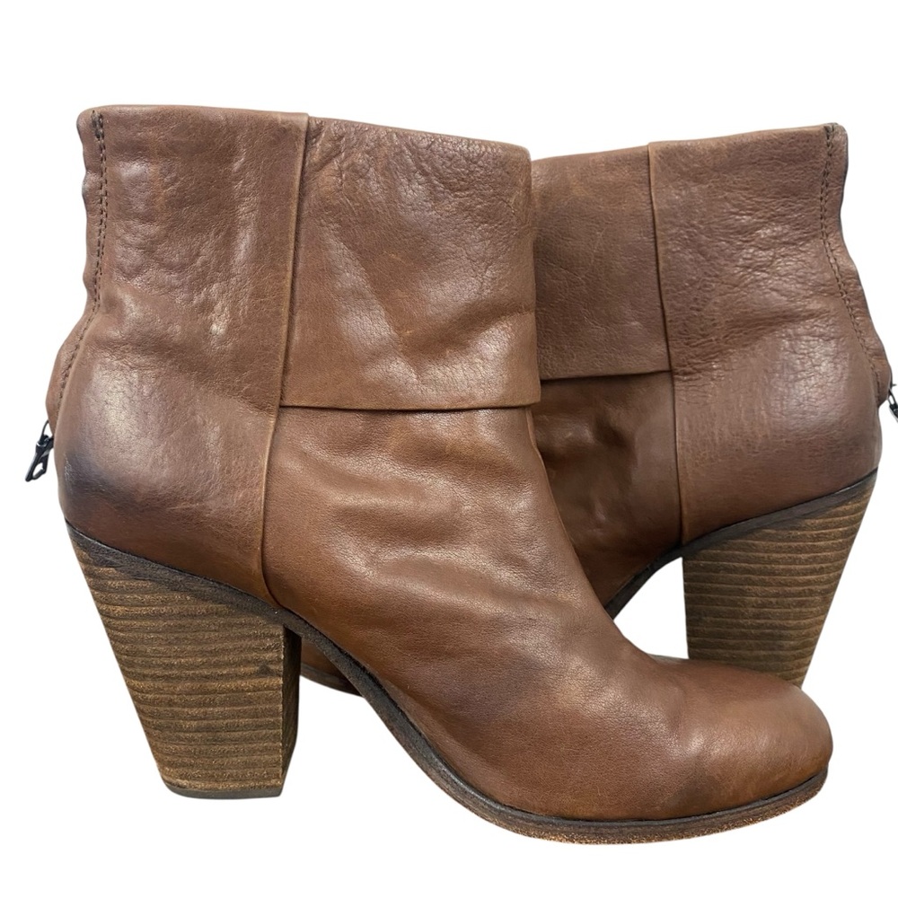 Rag & Bone Newbury Chocolate Brown Leather Ankle Boot | Size 8.5 | Stacked Heel